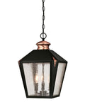 Three Light Outdoor Pendant With Matte Black Finish And Washed Copper Accents, Clear Seeded Glass For Front Or Back Entryways