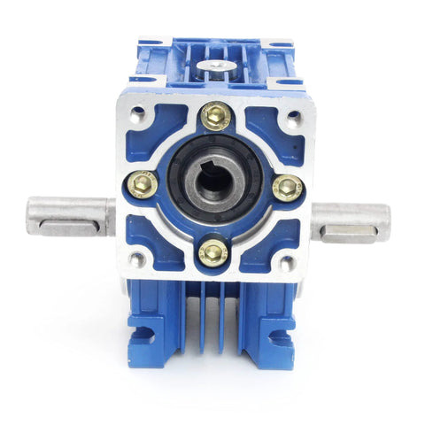CNCTOPBAOS dual-output gearbox with 14mm shafts, blue aluminum housing, front view.