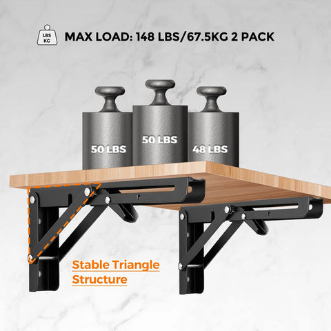 10 Inch Folding Shelf Brackets Set Of 2 Matte Black Heavy Duty Stainless Steel Triangular Design supporting weights