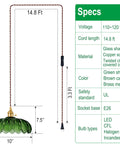 Chic Green Glass Swag Lamp With Inline Switch Plug In Pendant Fixture For Kitchen Island Bedroom Dining And Living Room Cozy Vintage Floral Hanging Decor, 10 inch shade, 14.8 ft cable.