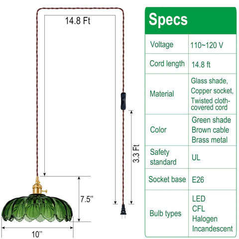 Chic Green Glass Swag Lamp With Inline Switch Plug In Pendant Fixture For Kitchen Island Bedroom Dining And Living Room Cozy Vintage Floral Hanging Decor, 10 inch shade, 14.8 ft cable.