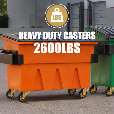 Heavy Duty 6 Inch Casters Set Of 4 With Dual Locking Brakes Badass 2600 LB Capacity Industrial Rubber Wheels on orange dumpster