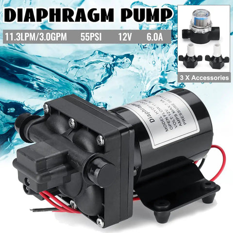 12V Diaphragm Water Pump with Self Priming Sprayer, 4 Chamber DC Electric Pump, 11.3 LPM 3.0 GPM, 55 PSI