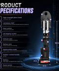 Product specifications for 21V Cordless Pex Pipe Crimping Tool with hydraulic design and ergonomic features.