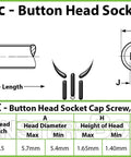 Metric Button Head Socket Cap Screw dimensions, M3 x 6mm, showing thread pitch and size for Badass Strength M3 X 6MM Button Head Socket Cap Screws.