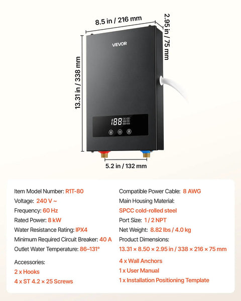 8KW Tankless Electric Water Heater 240V Instant Hot Water System NoFuss Wall Mount showing dimensions and features.