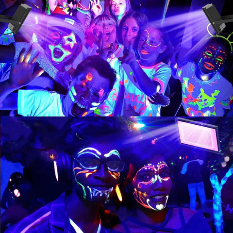 People with neon body paint glowing under 200W LED Black Light Flood Lights Outdoor With 6ft Cord Two Pack For Blacklight Parties