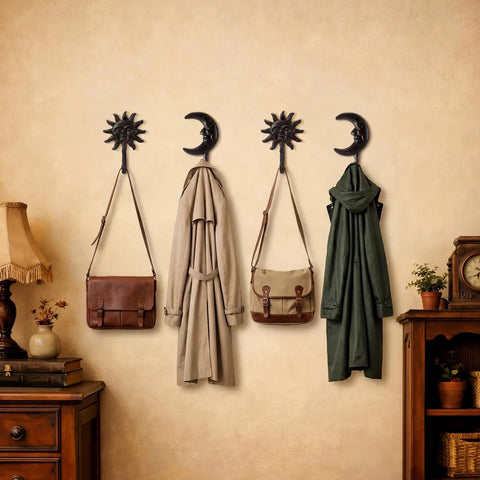 Solid As A Rock Vintage Cast Iron Sun Moon Wall Hooks Heavy Duty Decorative Hanging Hangers For Coats Scarves Bags Towels Keys Real Deal Storage Upgrade With Hardware Included For Everyday Use, displaying coats and bags.