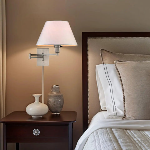 Modern Swing Arm Wall Sconce With White Empire Shade, 15 Inch Reach, Adjustable Arm, 2-In-1 Plug-In Or Hardwired Installation, 3-Way Switch, Satin Nickel Finish, Includes 2 12 Inch Cord Covers
