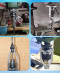 Heavy Duty Square Hole Drill Bit Adapter With Four Precision Bits, Pro Level Mortising Attachment For Drill Press in use on wood.