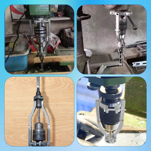 Heavy Duty Square Hole Drill Bit Adapter With Four Precision Bits, Pro Level Mortising Attachment For Drill Press in use on wood.
