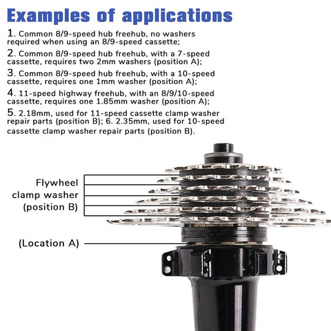 Diagram showing examples of applications for Seven Piece Grooved Hub Washer Set for Bikes with flywheel configuration.