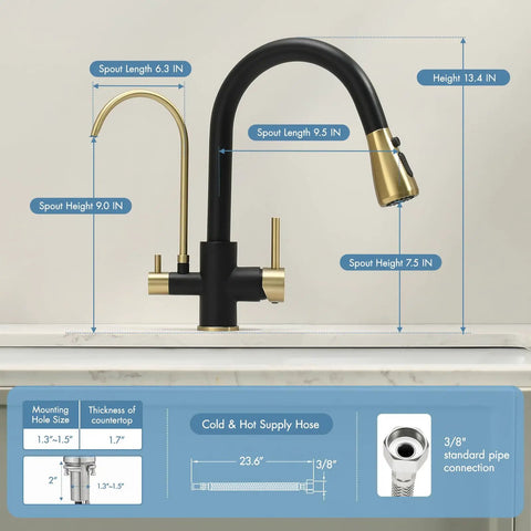GIMILI 3 in 1 Kitchen Faucet with Water Filter and Pull Down Sprayer dimensions, featuring sleek black and gold design.