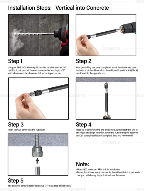 Installation steps for Heavy Duty Vertical Threaded Rod Anchor For Steel Structures With Electro Zinc Coating, no pre-drill required.
