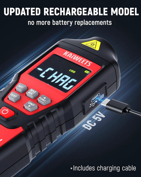 All-In-One Dual Mode Laser And Contact Tachometer With Rechargeable Battery Pro-Grade Photo Sensor RPM Meter Ranges 10 To 99999 And 1 To 19999 Backlit Display Hold Max Min Avg Hi Low Alarm, USB charging