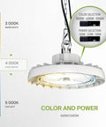 Ultra Bright LED High Bay UFO Light Fixture showing color and power selection for commercial spaces