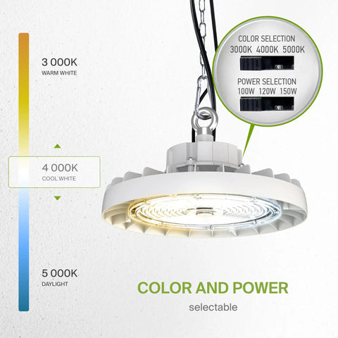 Ultra Bright LED High Bay UFO Light Fixture showing color and power selection for commercial spaces
