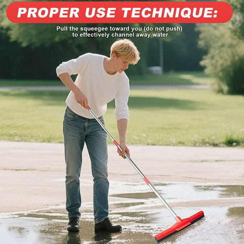 Person using Floor Squeegee Scrubber With Adjustable Detachable Stainless Steel Handle Workhorse Heavy Duty Household Broom on wet surface