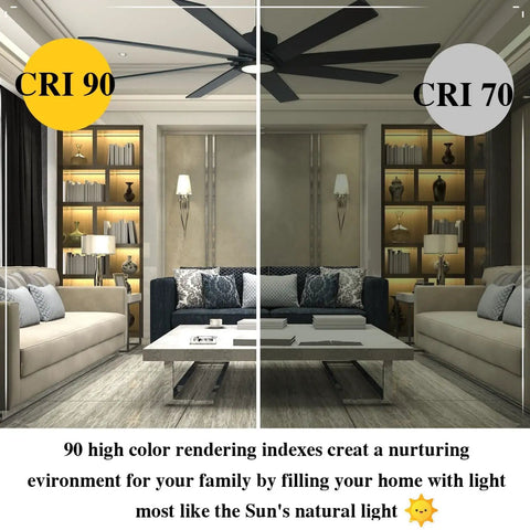 Living room with LED light bulbs comparison CRI 90 vs CRI 70, showcasing color rendering and ambiance.