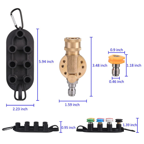 PWACCS pressure washer pivoting coupler kit with gutter cleaner and 7 nozzle tips, 1/4 in quick connect.