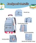Rolling Backpack Luggage with Wheels Trolley Bag for Travel, blue with multiple pockets and padded straps, front view details