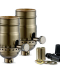Slick 3 Way Lamp Socket With Twist Dimmer Switch And Antique Brass Rotary Knob For No Fuss Table And Floor Lamp Replacement Includes Two Pack UL Verified. Two brass lamp sockets with dimmers and accessories.