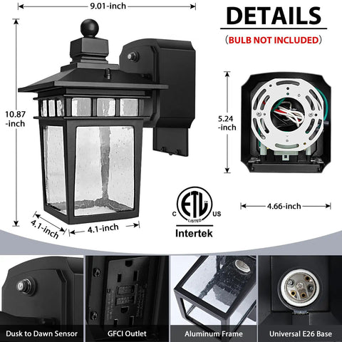 Dusk To Dawn Outdoor Light With GFCI Outlet And Dual Receptacles, Waterproof Wall Sconce For Front Porch, Rustproof Exterior Lantern