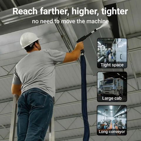 Person using Dry Ice Blasting Machine Kit 2 In 1 With 26 Ft Hose And 44 Lb Hopper Long Reach Anti Clog System in industrial setting