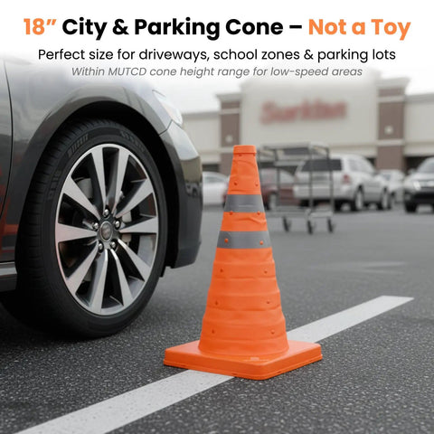 4 Pack 18 Inch Collapsible Traffic Cone with Reflective Collars next to car in parking lot, showcasing road safety use.