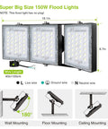 Heavy Duty Outdoor LED Flood Light 150W 13500LM 6000K Daylight White With 3 Adjustable Heads IP66 Waterproof Exterior Security Lighting