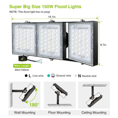 Heavy Duty Outdoor LED Flood Light 150W 13500LM 6000K Daylight White With 3 Adjustable Heads IP66 Waterproof Exterior Security Lighting
