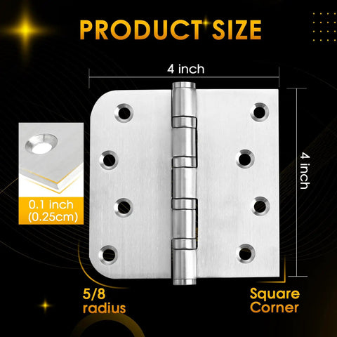 Rock Solid 304 Stainless Steel Door Hinges 4 By 4 Inches Heavy Duty Ball Bearing Non Removable Pin Square And 5 8 Radius Corners close-up of size and details.