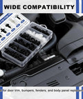 Hella Sturdy Auto Bumper Clip Kit With 120 Pieces In Six Essential Sizes Includes Bonus Fastener Puller Tool, displayed in a plastic organizer.