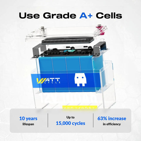 Transparent view of 12V 100Ah LiFePO4 Battery With Built In 100A BMS For RVs And Golf Carts BCI Group 24 Low Temperature Protection Powerhouse For Home Energy Storage Boats And Marine Applications 15000 Cycle Life showcasing grade A+ cells for high efficiency and long lifespan.