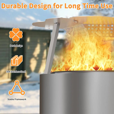 Heat Deflector For Yukon 27 Inch Stove Premium 304 Stainless Steel Heat Diffuser with flames and handle visible.