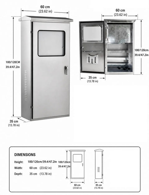 Built To Last 304 Stainless Steel Outdoor Electrical Enclosure Junction Box With Weatherproof Waterproof Construction, Rain Shield Roof, Tight Seal Gasket, Clear Window, Heavy Duty Housing, Tough As Nails For Industrial Or Home Outdoor Use. 60 x 35 x 100/120 cm cabinet with window