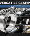 Beefy 3 Inch V Band Clamp Kit With Male And Female Flanges for turbo and exhaust systems, 304 stainless steel close-up view.