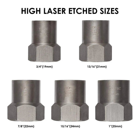 Five Piece Heavy Duty Bolt Remover Set With One Half Inch Drive Impact Extractors showing engraved sizes 3/4-1 inch