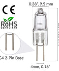 Dimensions and specifications of 10 Pack 12V G4 Bi Pin Halogen Bulbs T3 10W 120Lm Dimmable Warm White 2700K Eco Halogen No Mercury