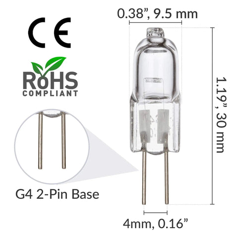 Dimensions and specifications of 10 Pack 12V G4 Bi Pin Halogen Bulbs T3 10W 120Lm Dimmable Warm White 2700K Eco Halogen No Mercury