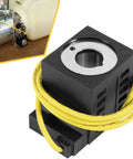 10V DC 25W Solenoid Coil For Valve Stem Series 08 80 88 98 Replacement For Dump Trailers Hydraulic Power Units Snow Plows Hoists Lifts With Single Lead Wire Fits 10226-37 Durable Construction For Long Lasting Performance, shown with yellow wire and metal fitting close-up, used in hydraulic systems.