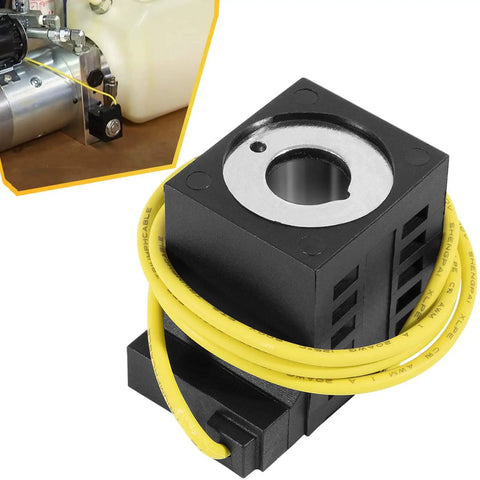 10V DC 25W Solenoid Coil For Valve Stem Series 08 80 88 98 Replacement For Dump Trailers Hydraulic Power Units Snow Plows Hoists Lifts With Single Lead Wire Fits 10226-37 Durable Construction For Long Lasting Performance, shown with yellow wire and metal fitting close-up, used in hydraulic systems.