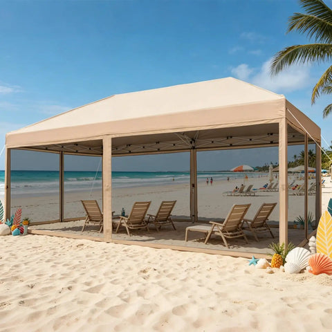 Beige 10x20 Pop Up Canopy Tent With Mosquito Netting on beach, used for shade and protection in outdoor events and camping.