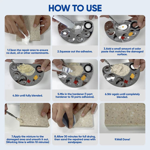 Instructions for using DIY Marble And Granite Repair Kit With Spot On Color Match For Quick Drying Quartz Countertop Fix On Granite Marble Tiles And Stone Surfaces For Chips Cracks Scratches And Holes.
