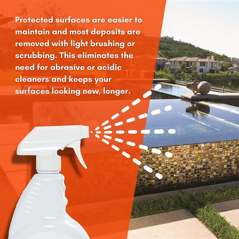 Glass And Tile Shield Sealant For Pool Tile Care, Quart Trigger Spray in action by poolside, showcasing easy spray application