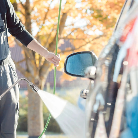 Person using Heavy Duty Pressure Washer Extension Wand Set 9 Pack With 30 90 And 120 Degree Curved Wands on car