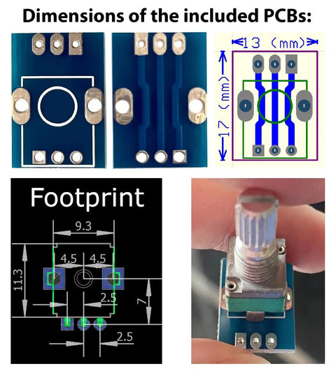 60 Pcs 9mm Onboard PCB Potentiometer Assortment Kit With 10 Values Including B1K B5K B10K B20K B50K B100K B200K B500K B1M And A100K For Vertical Leg Terminals, showing PCB dimensions and footprint