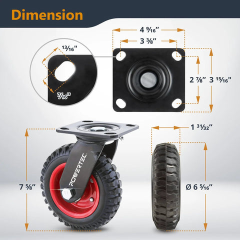6 Inch Heavy Duty Swivel Caster Wheels With Knobby Rubber Tread On Red Steel Hub For Workbenches Dollies Carts Trolleys