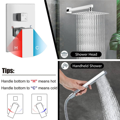 Wall Mount Shower System With Square Rain Shower Head And Hand Sprayer 12 Inch Polished Chrome Finish, trim kit shown