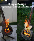 Portable Outdoor Guitar Style Fire Pit Brazier No Assembly Required Smokeless Wood Burning One Piece Stainless Steel Firepit with Carry Bag showcased outdoors.